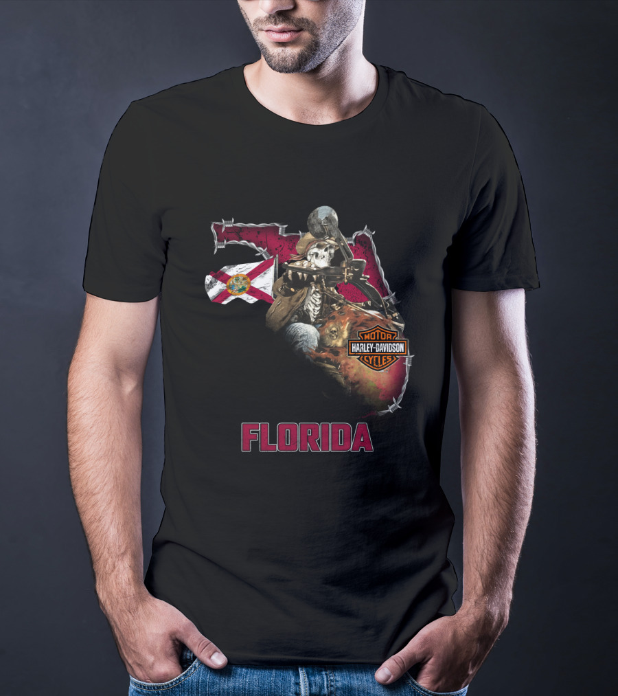 Florida Harley Davidson Skeleton Biker With State Flag T-Shirt