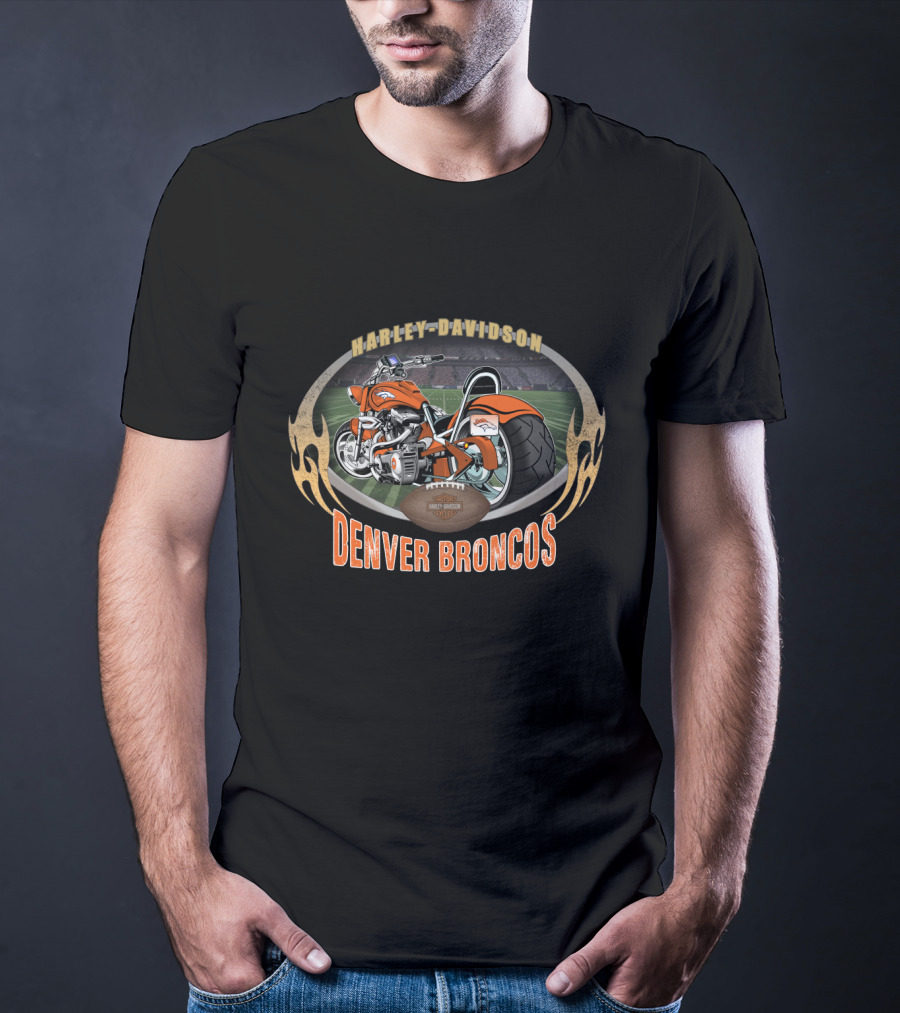 Denver Broncos Harley Davidson Motorcycle Football T-Shirt