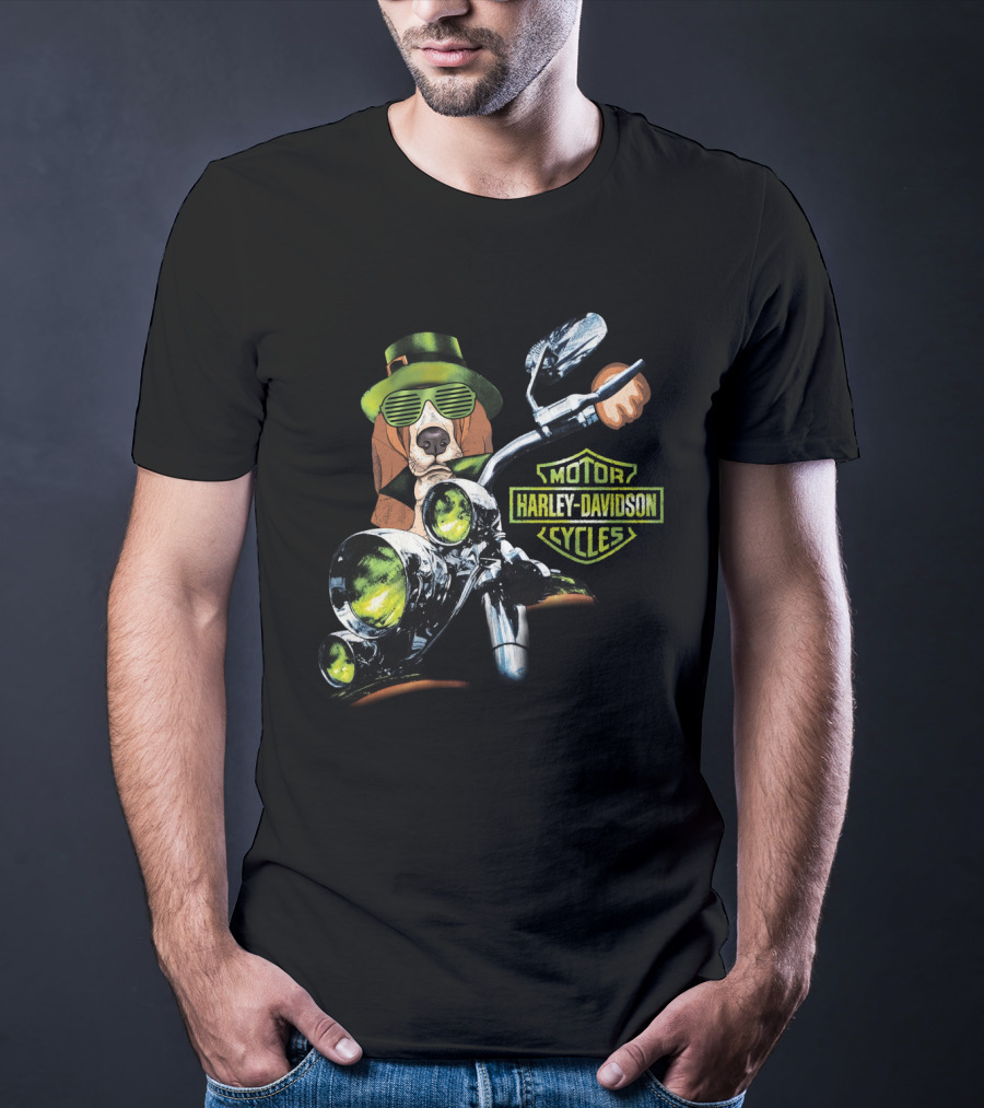 Basset Hound Harley Davidson Motorcycles Green Hat And Glasses Biker T-Shirt