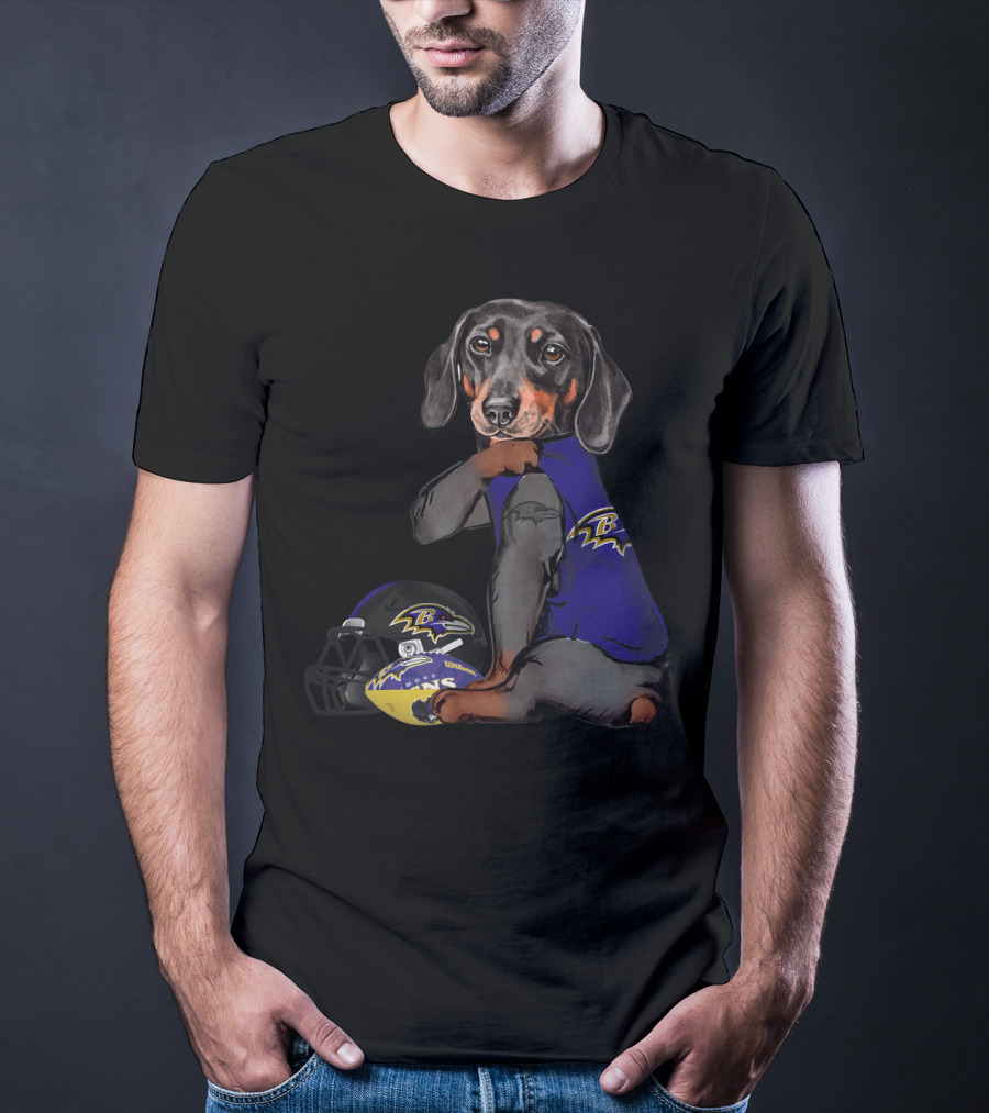 Baltimore Ravens Dachshund Wearing Team Jersey With Football Helmet T-Shirt