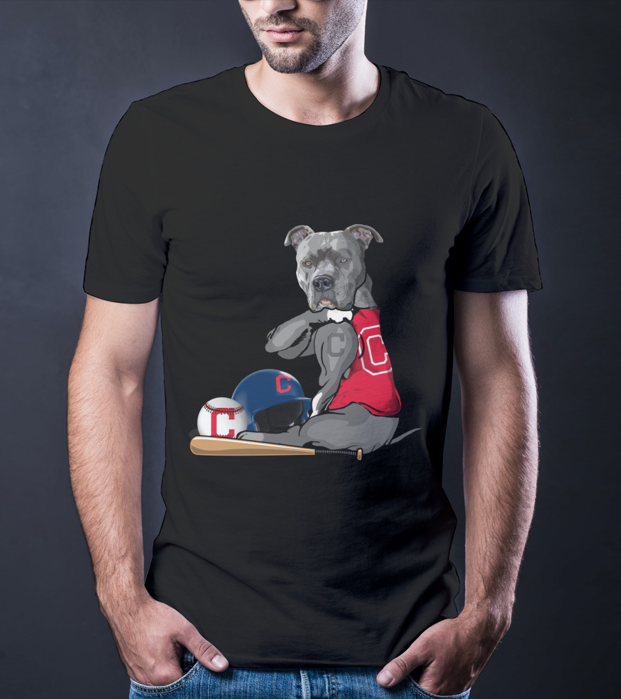 Cleveland Indians C Pit Bull Baseball Bat Helmet Sitting Baseball T-Shirt