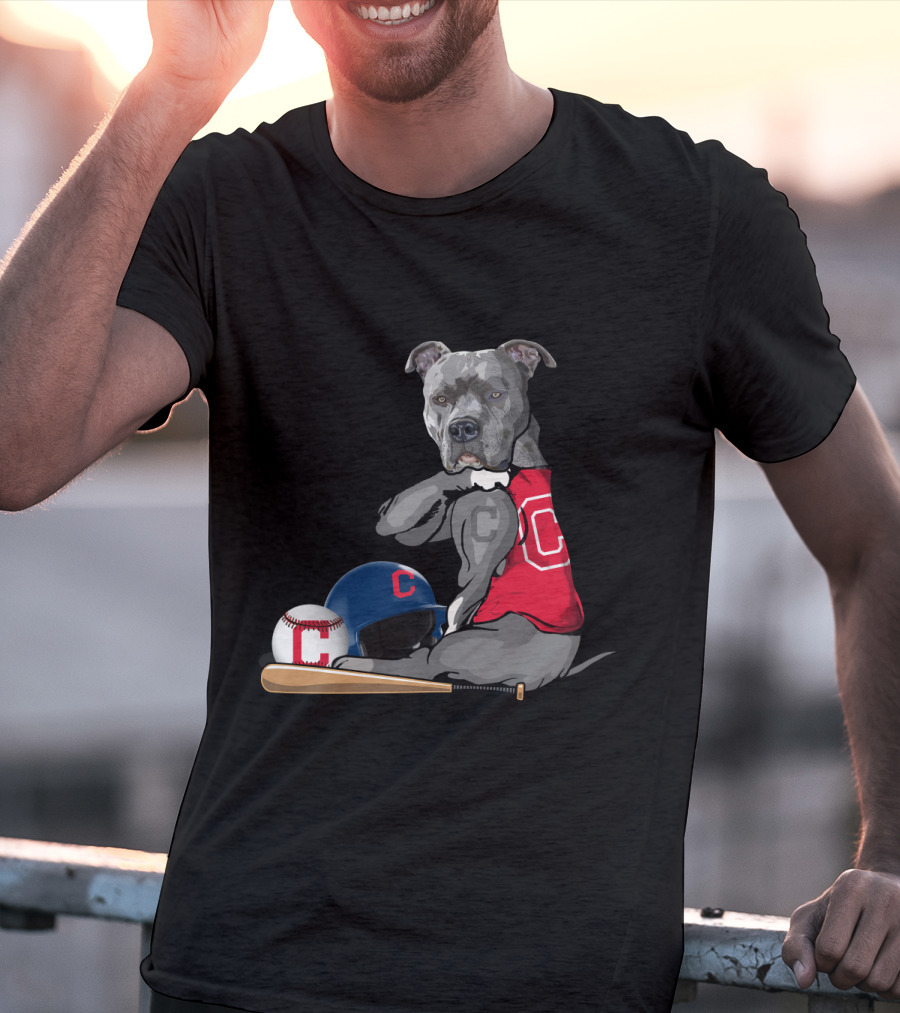 Cleveland Indians C Pit Bull Baseball Bat Helmet Sitting Baseball T-Shirt