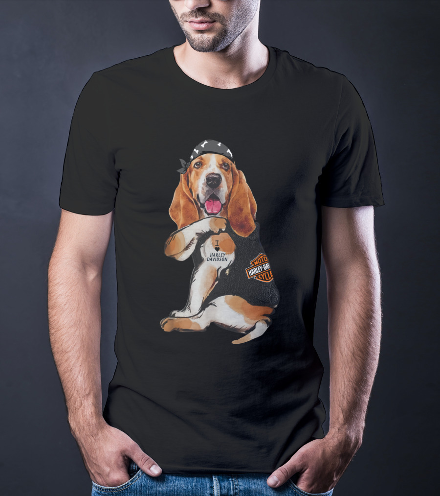 Basset Hound Harley Davidson Fan With Motorcycles Bandana T-Shirt