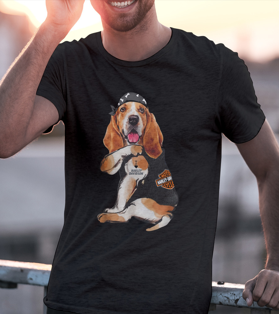 Basset Hound Harley Davidson Fan With Motorcycles Bandana T-Shirt