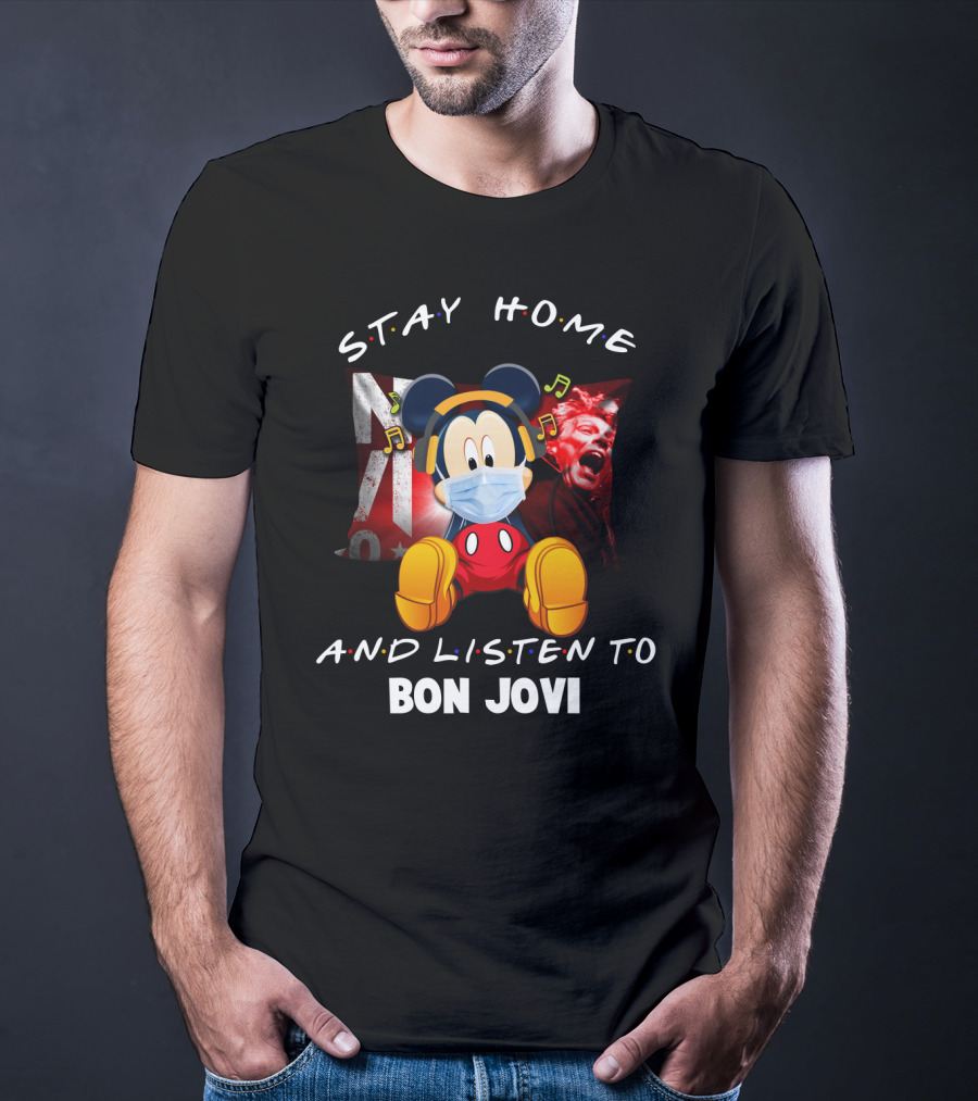 Stay Home And Listen To Bon Jovi Mickey Mouse Masked Music Notes T-Shirt