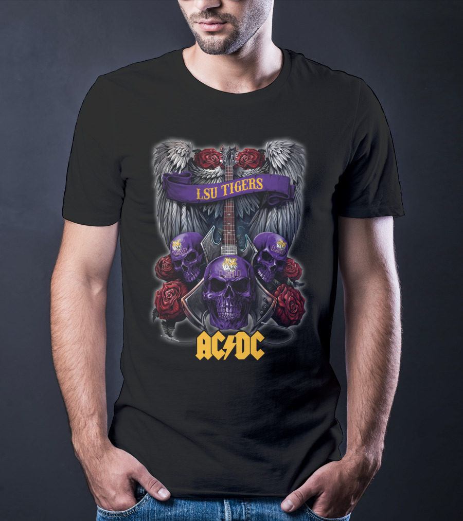 LSU Tigers ACDC Skull Guitar Wings Roses T-Shirt