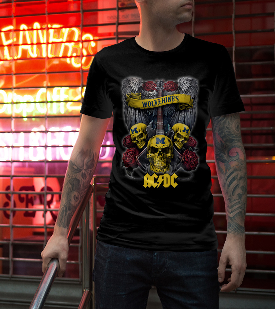 Wolverines Michigan 48 ACDC Skulls And Guitar Wings Roses T-Shirt