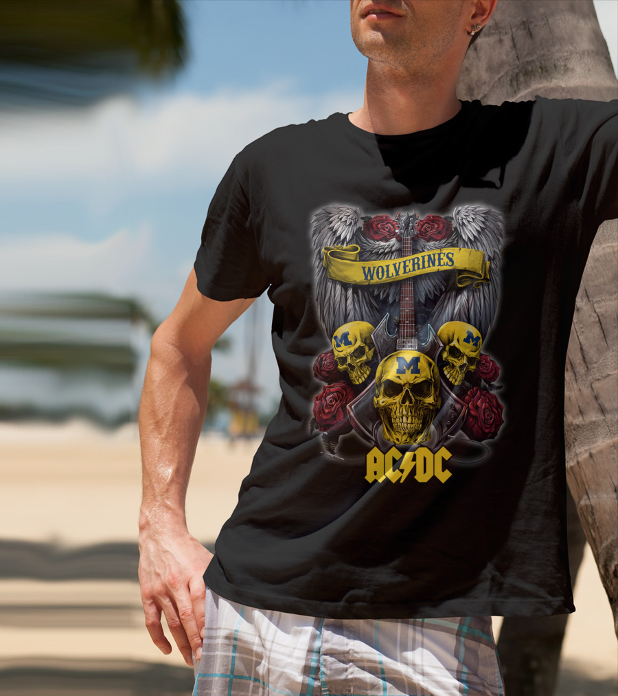 Wolverines Michigan 48 ACDC Skulls And Guitar Wings Roses T-Shirt