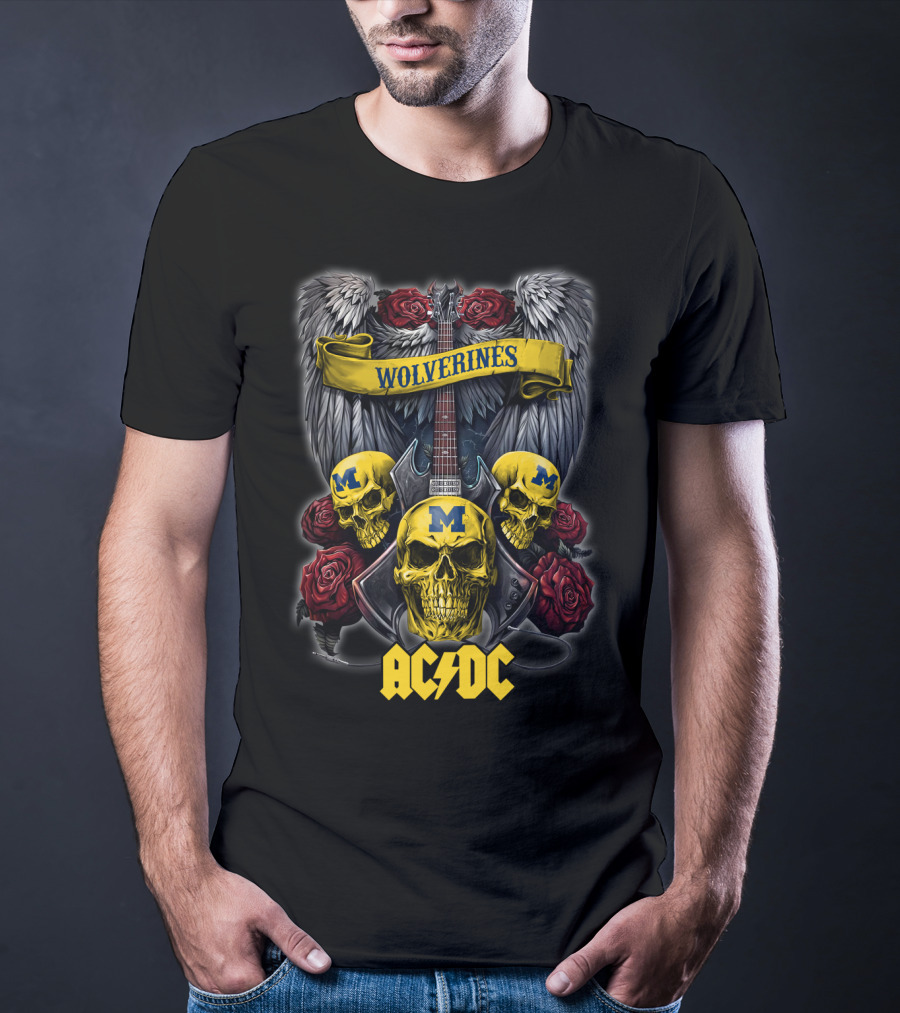 Wolverines Michigan 48 ACDC Skulls And Guitar Wings Roses T-Shirt