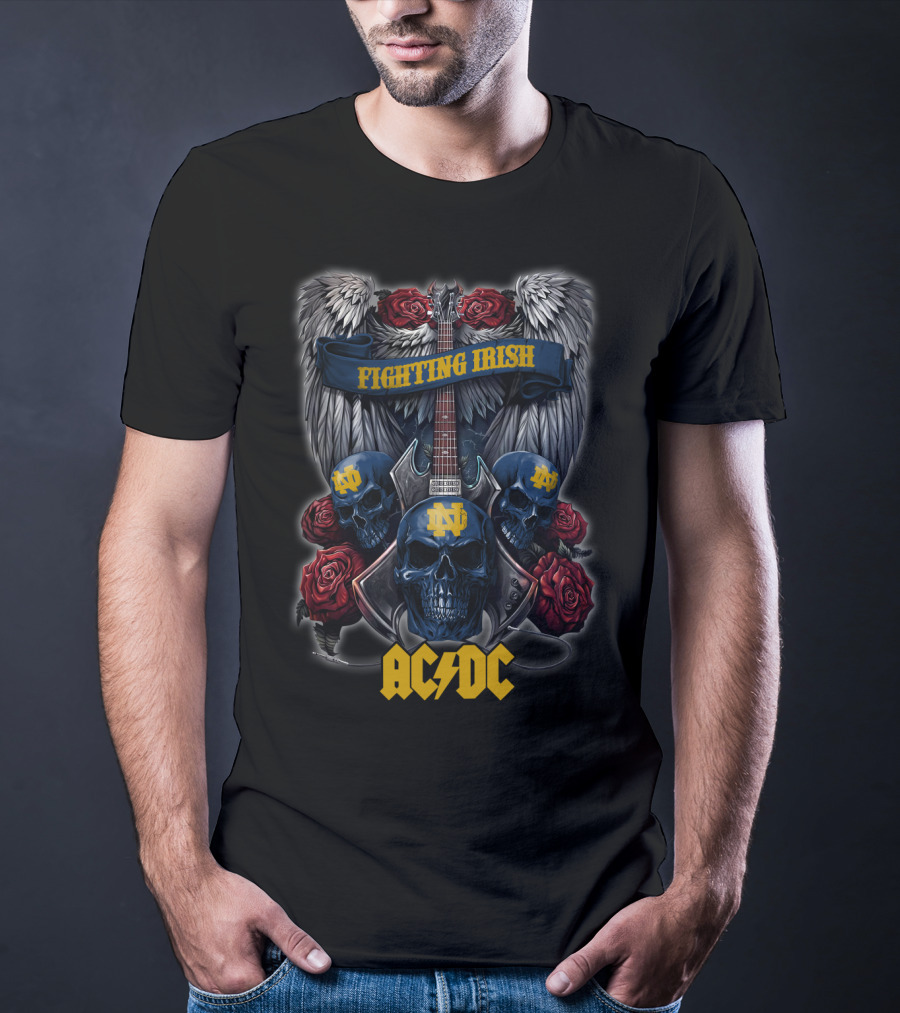 Notre Dame Fighting Irish ACDC Skull Guitar Wings Roses T-Shirt