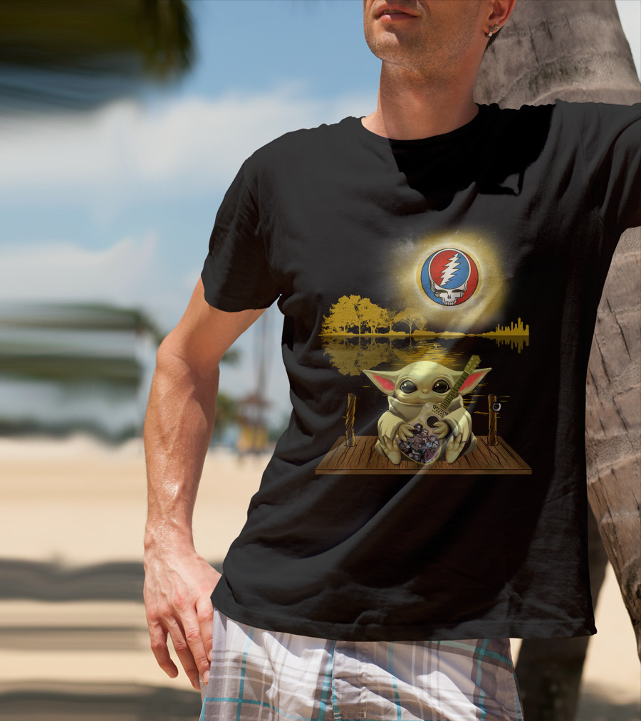 Grateful Dead Lightning Skull With Baby Yoda Playing Guitar On Dock And Sunset T-Shirt