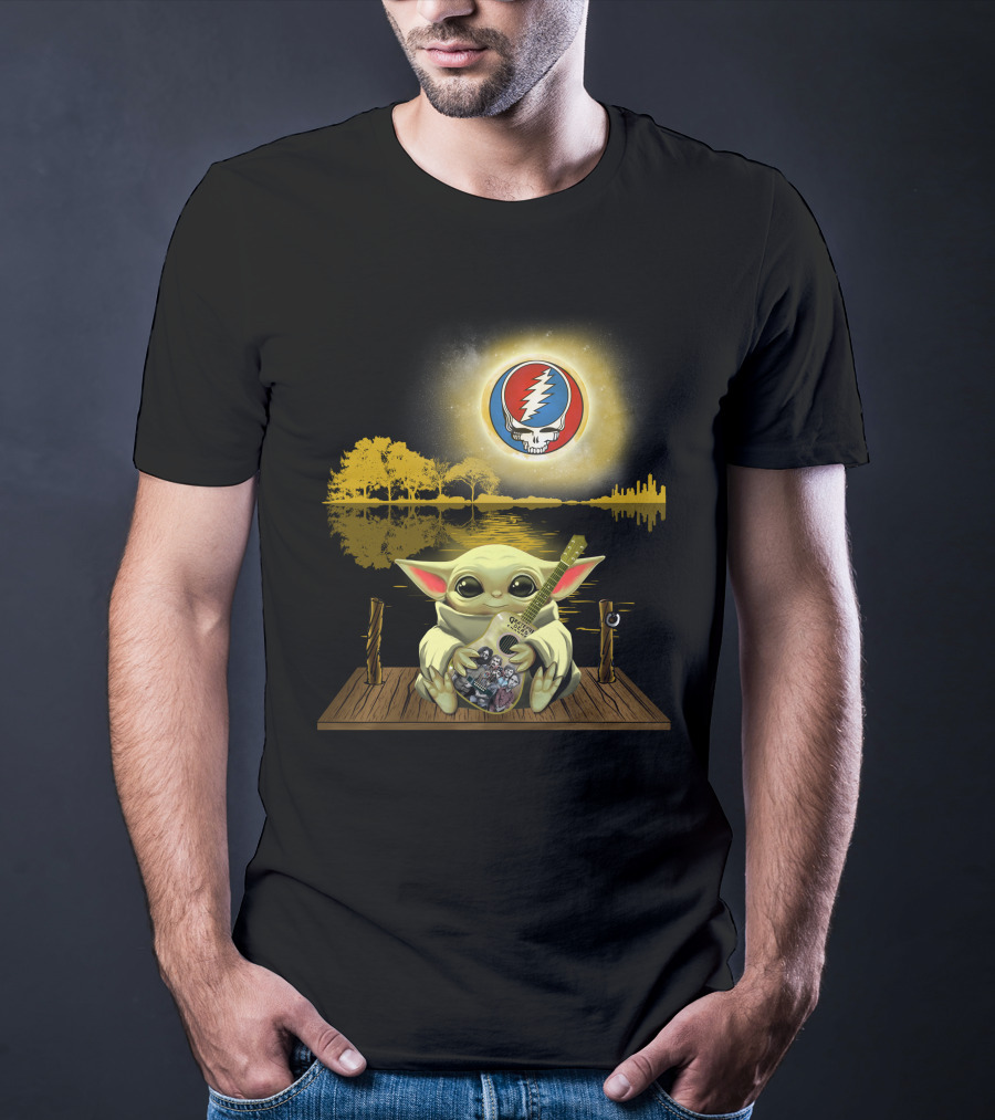 Grateful Dead Lightning Skull With Baby Yoda Playing Guitar On Dock And Sunset T-Shirt
