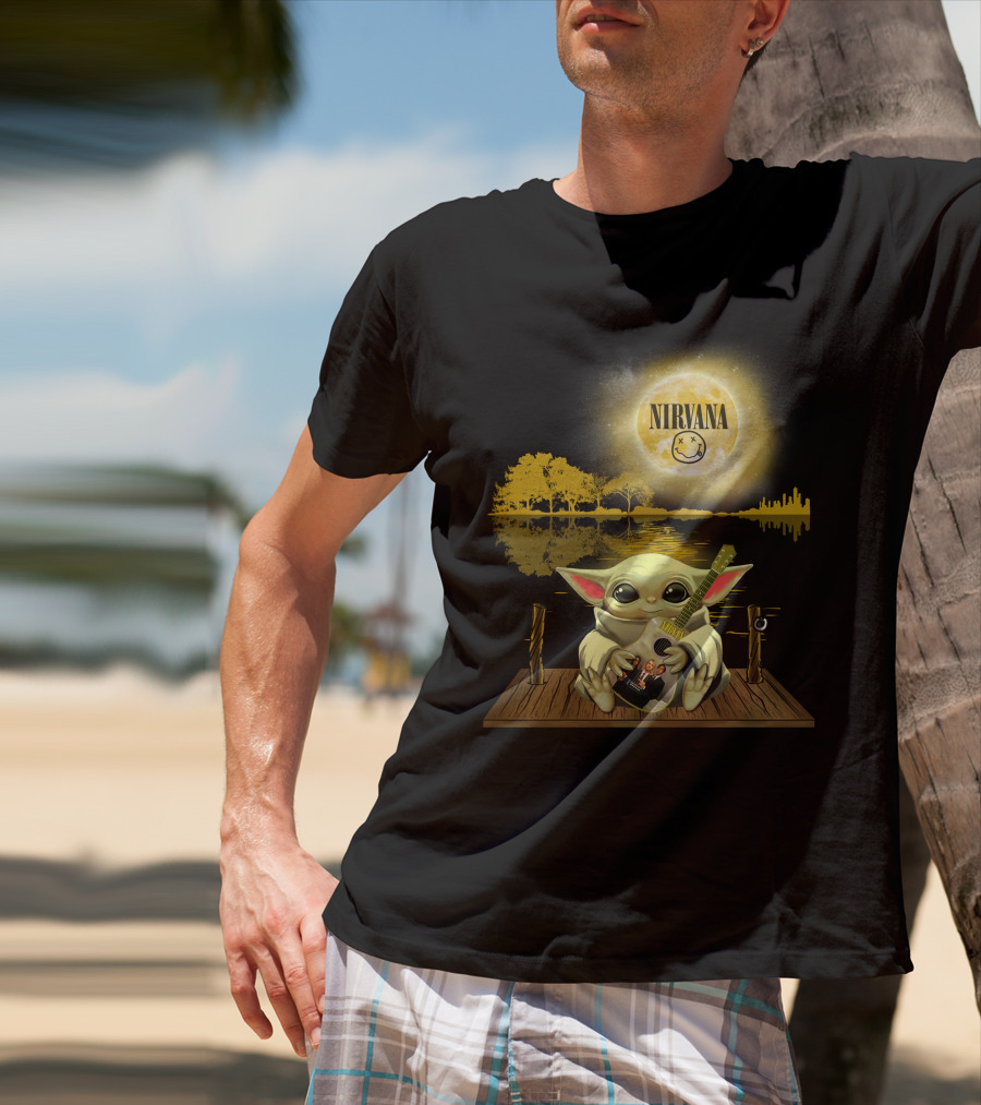 Nirvana Baby Yoda Playing Guitar Under Smiley Face Moon T-Shirt