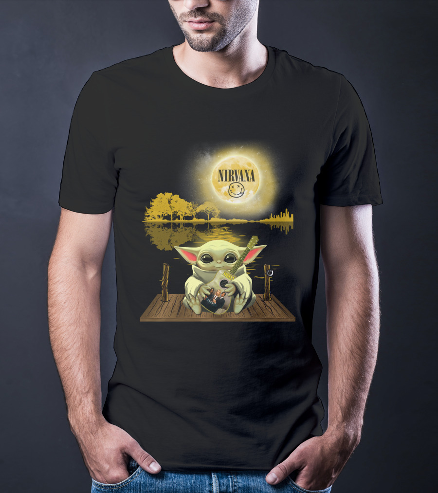 Nirvana Baby Yoda Playing Guitar Under Smiley Face Moon T-Shirt