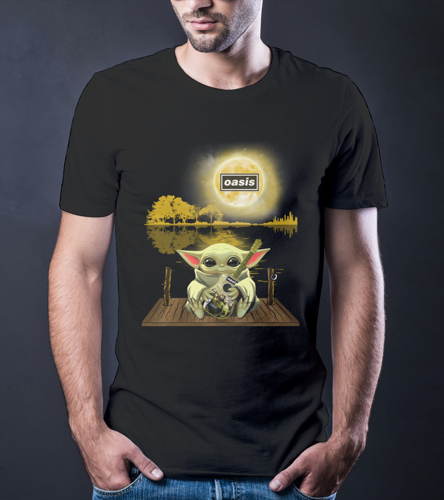 Oasis Moon And Baby Yoda With Guitar On Dock T-Shirt