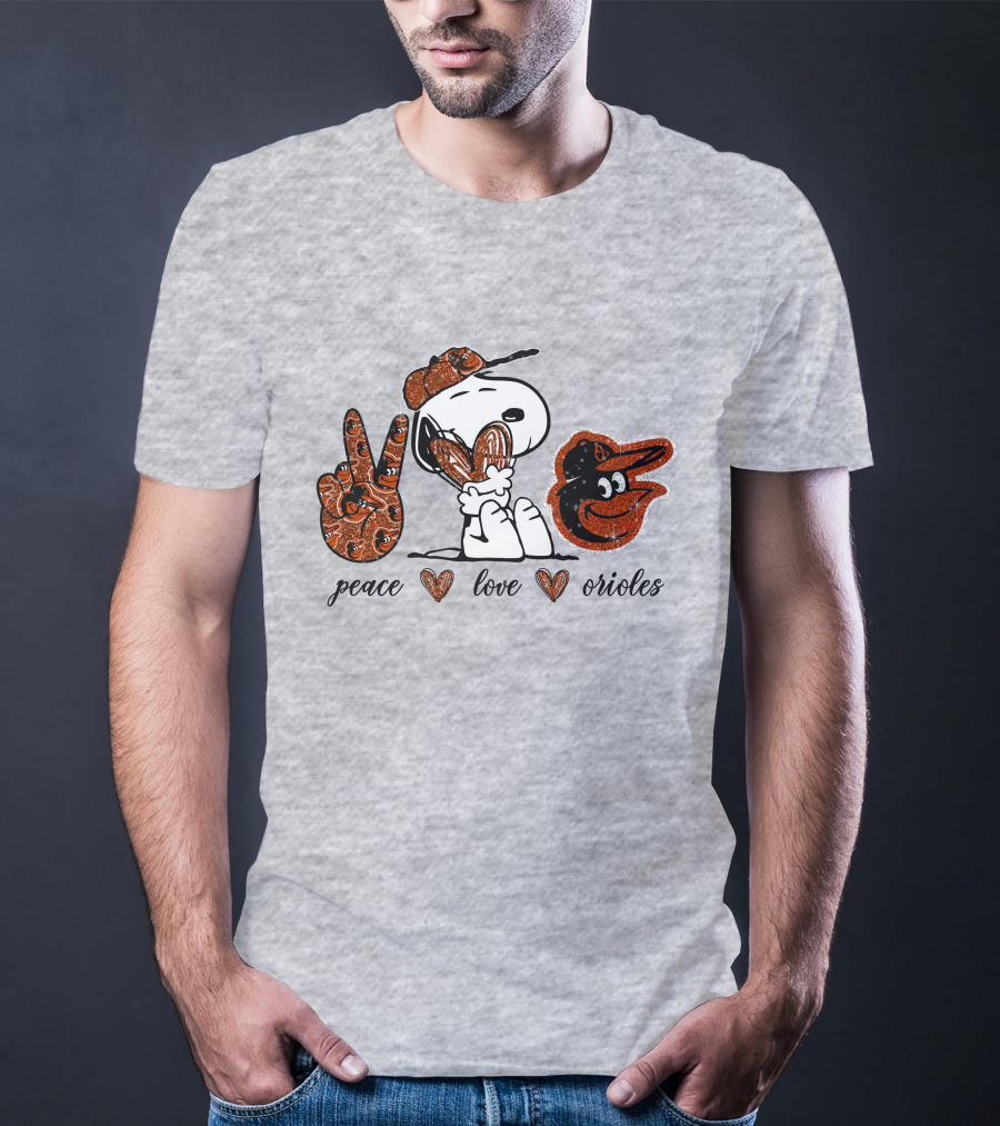 Peace Love Orioles Snoopy Style Baltimore Orioles T-Shirt