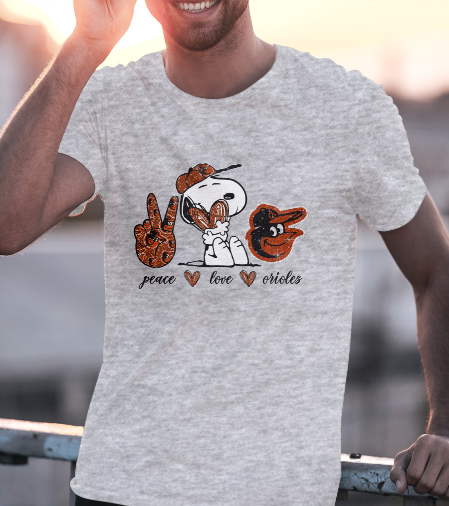 Peace Love Orioles Snoopy Style Baltimore Orioles T-Shirt