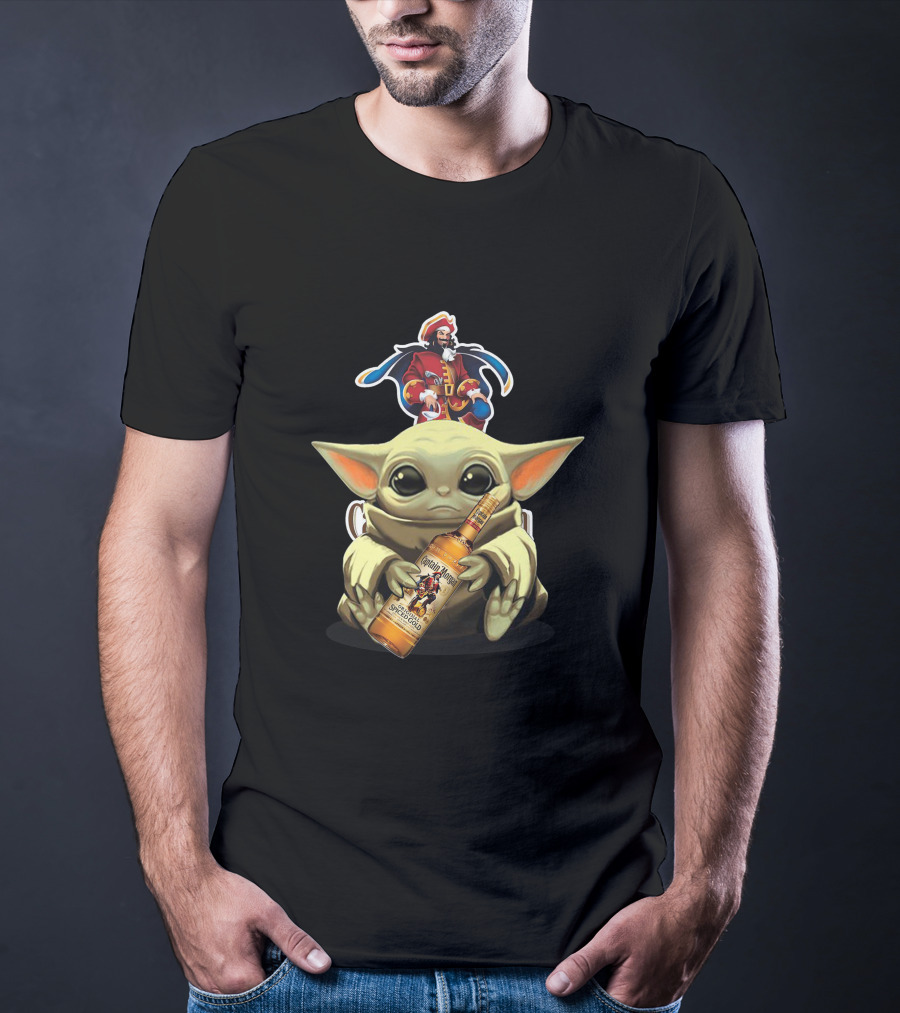 Baby Yoda Holding Captain Morgan Spiced Rum Bottle T-Shirt