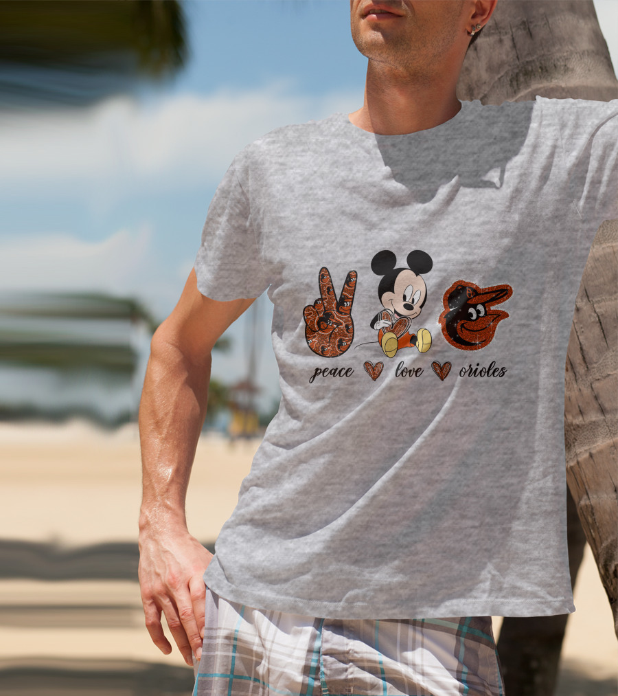 Mickey Mouse Peace Love Orioles Baseball Team T-Shirt