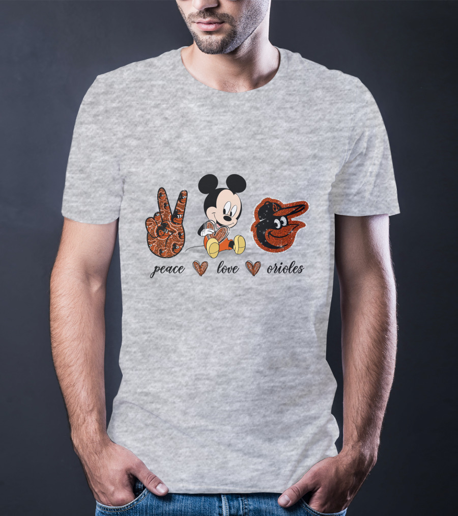 Mickey Mouse Peace Love Orioles Baseball Team T-Shirt
