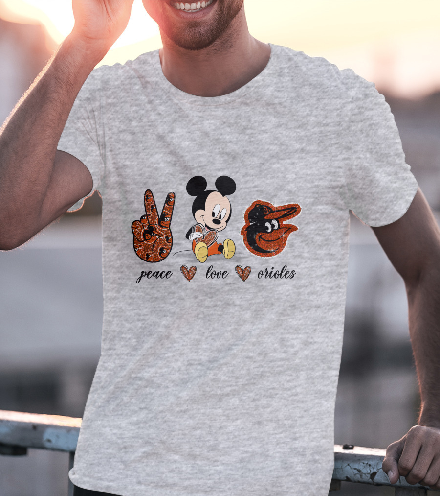 Mickey Mouse Peace Love Orioles Baseball Team T-Shirt