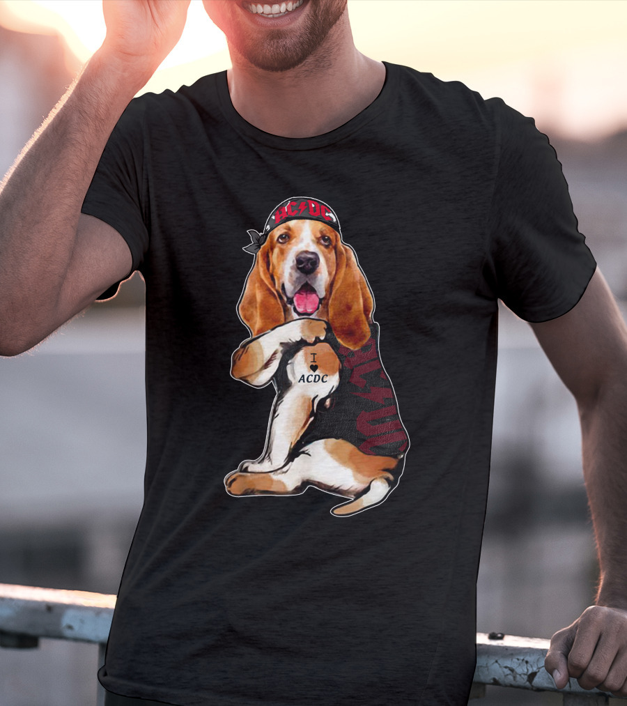 Basset Hound I Love Ac/Dc Bandana And Tattoo Style With Red Bandana And Black Vest T-Shirt