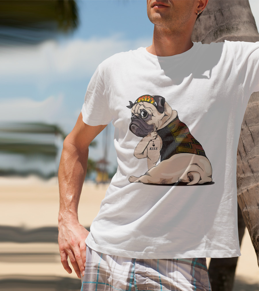 Kiss Bandana Pug With I Love Kiss Tattoo T-Shirt