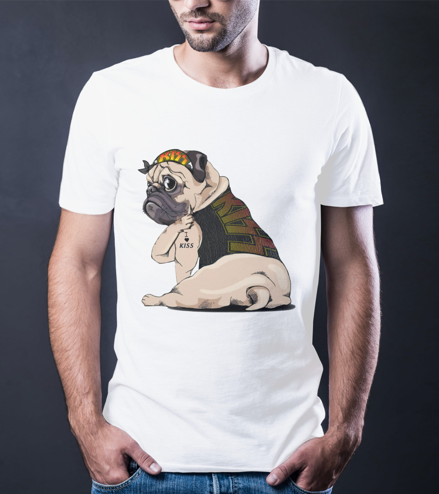 Kiss Bandana Pug With I Love Kiss Tattoo T-Shirt