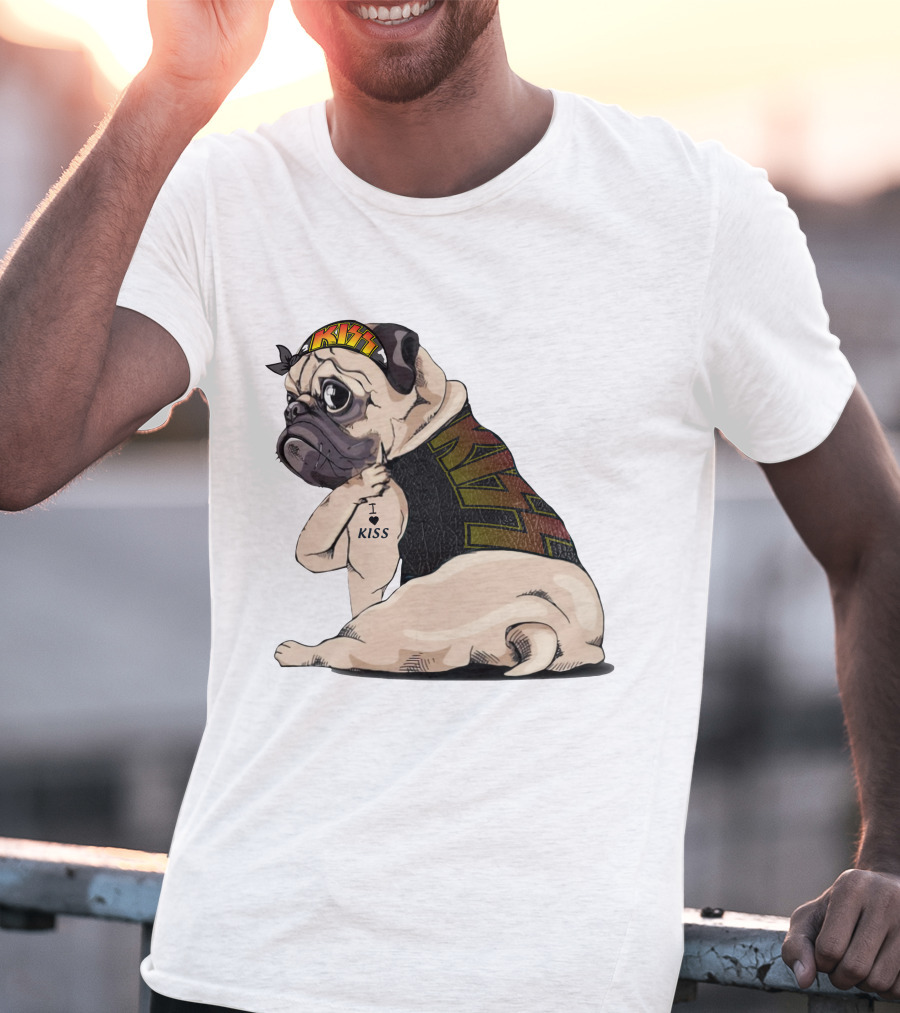 Kiss Bandana Pug With I Love Kiss Tattoo T-Shirt