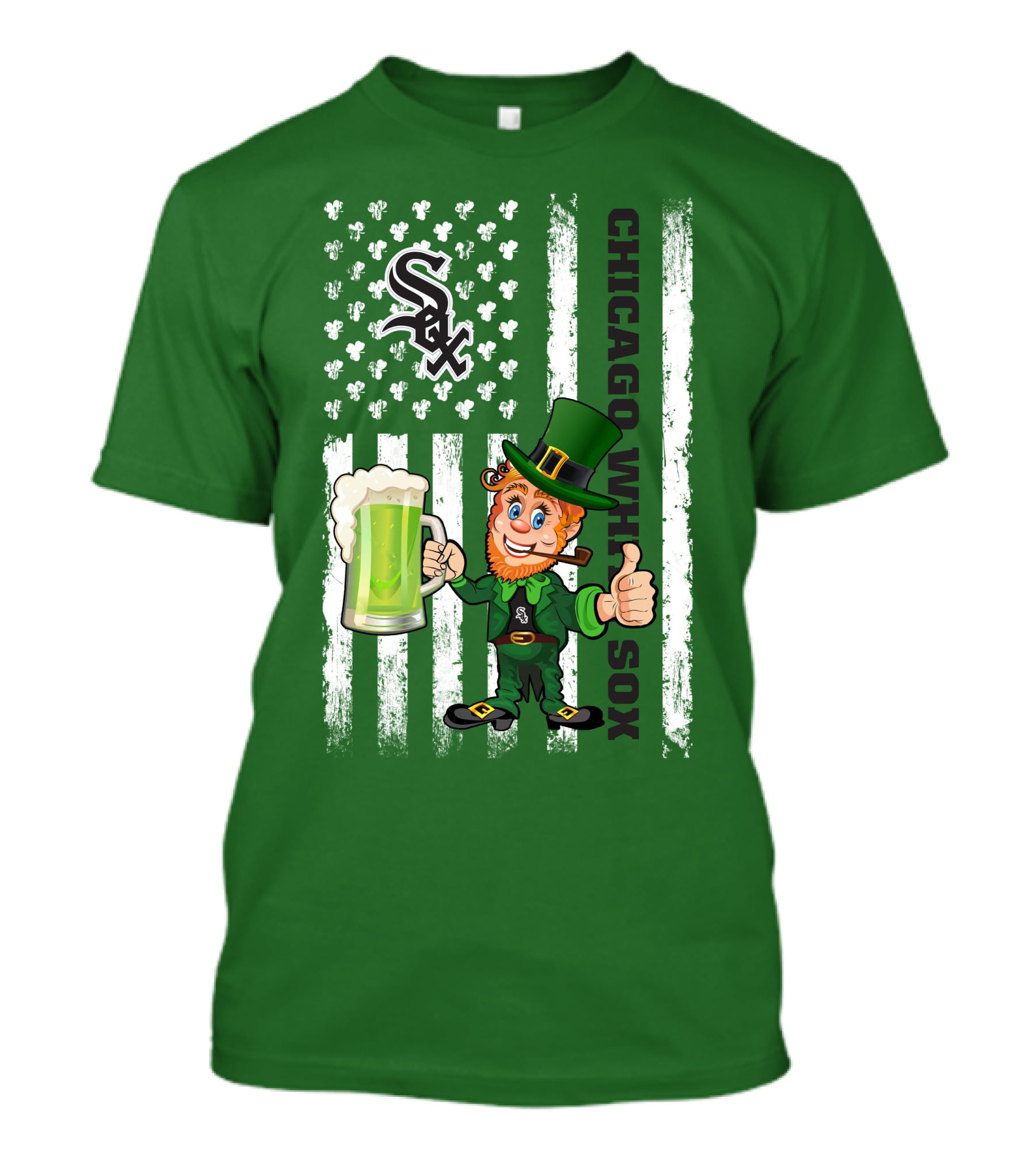 Chicago White Sox St Patrick's Day Leprechaun With Shamrock Beer And American Flag T-Shirt