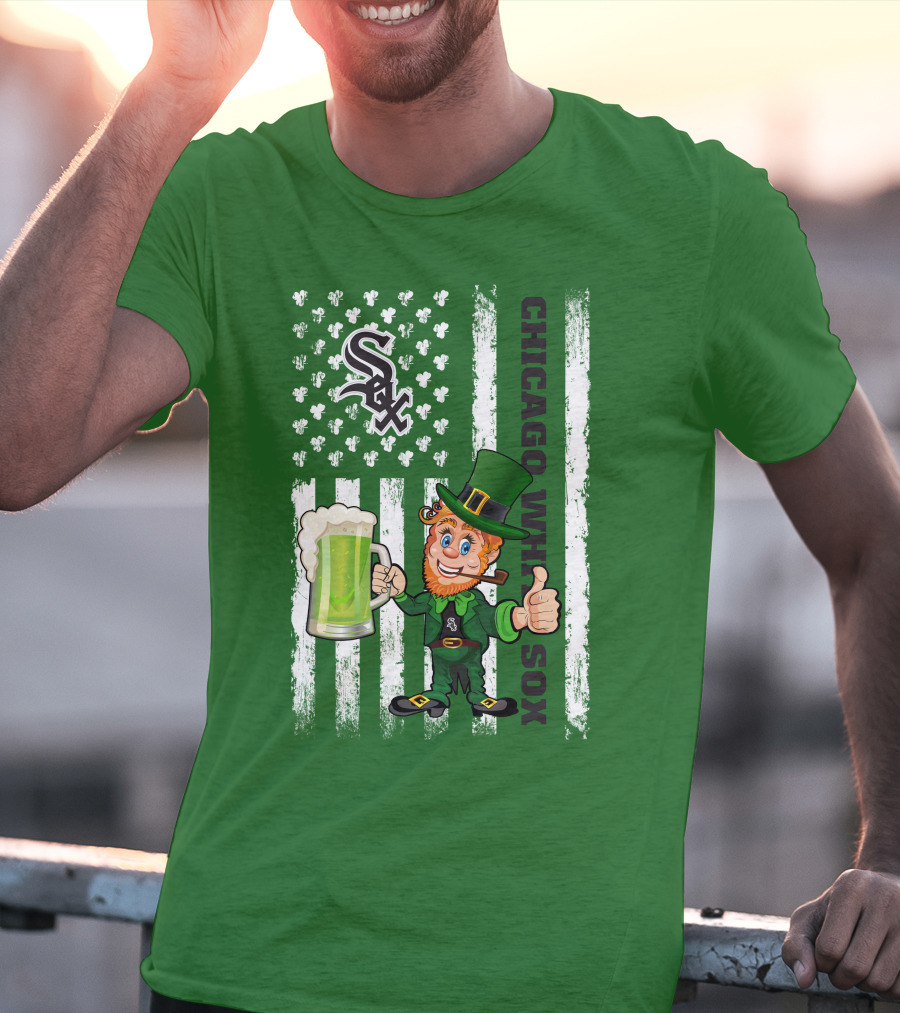 Chicago White Sox St Patrick's Day Leprechaun With Shamrock Beer And American Flag T-Shirt