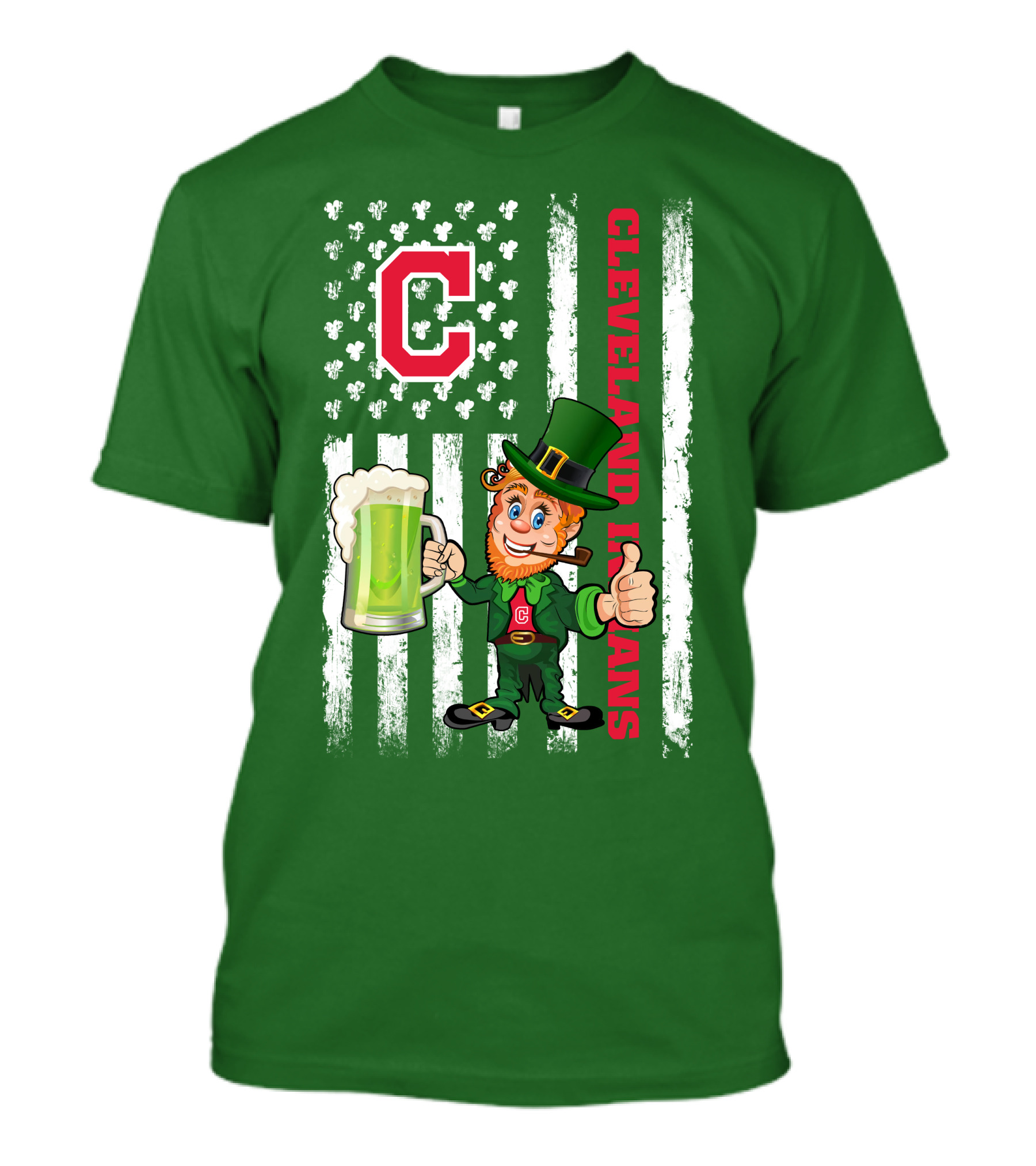 Cleveland Indians St Patrick's Day Leprechaun With Shamrock Flag And Beer Mug T-Shirt