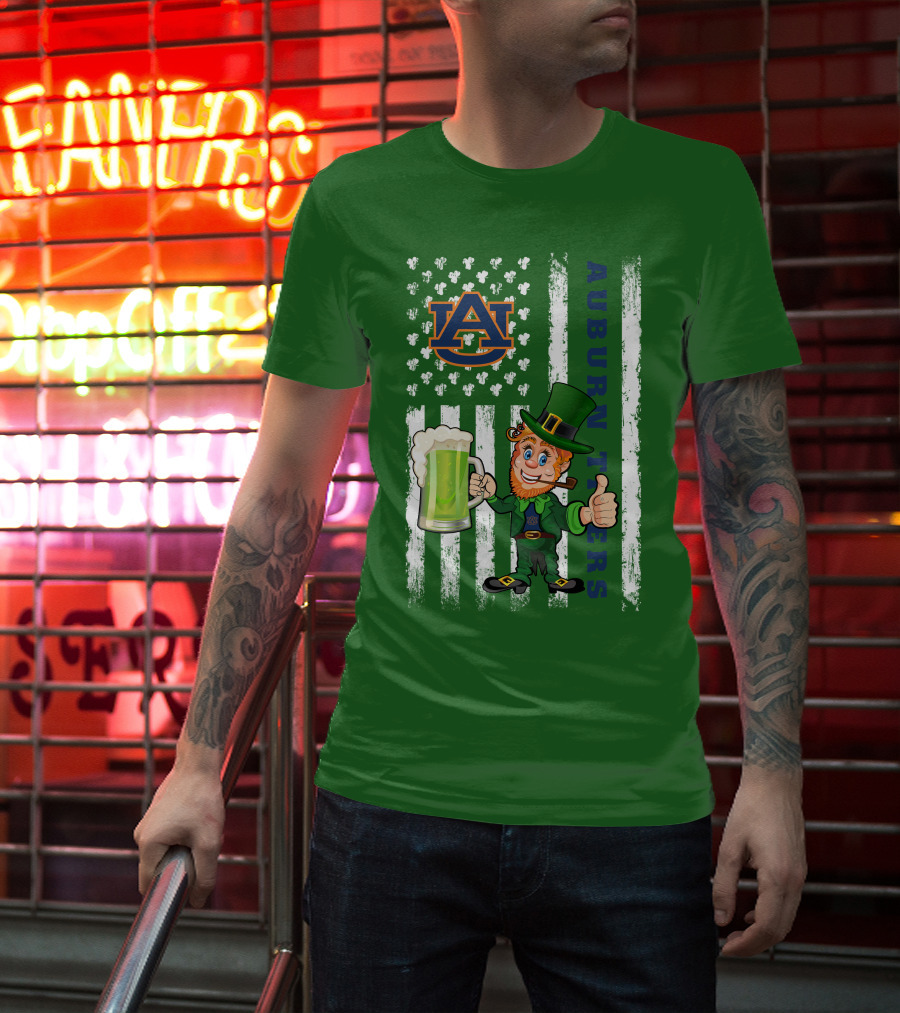 Auburn Tigers Leprechaun Holding Beer With Shamrocks St Patrick's Day T-Shirt