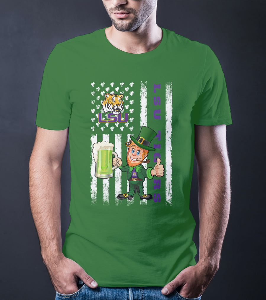 LSU Tigers St Patrick's Day Leprechaun Irish Flag With Beer Mug T-Shirt