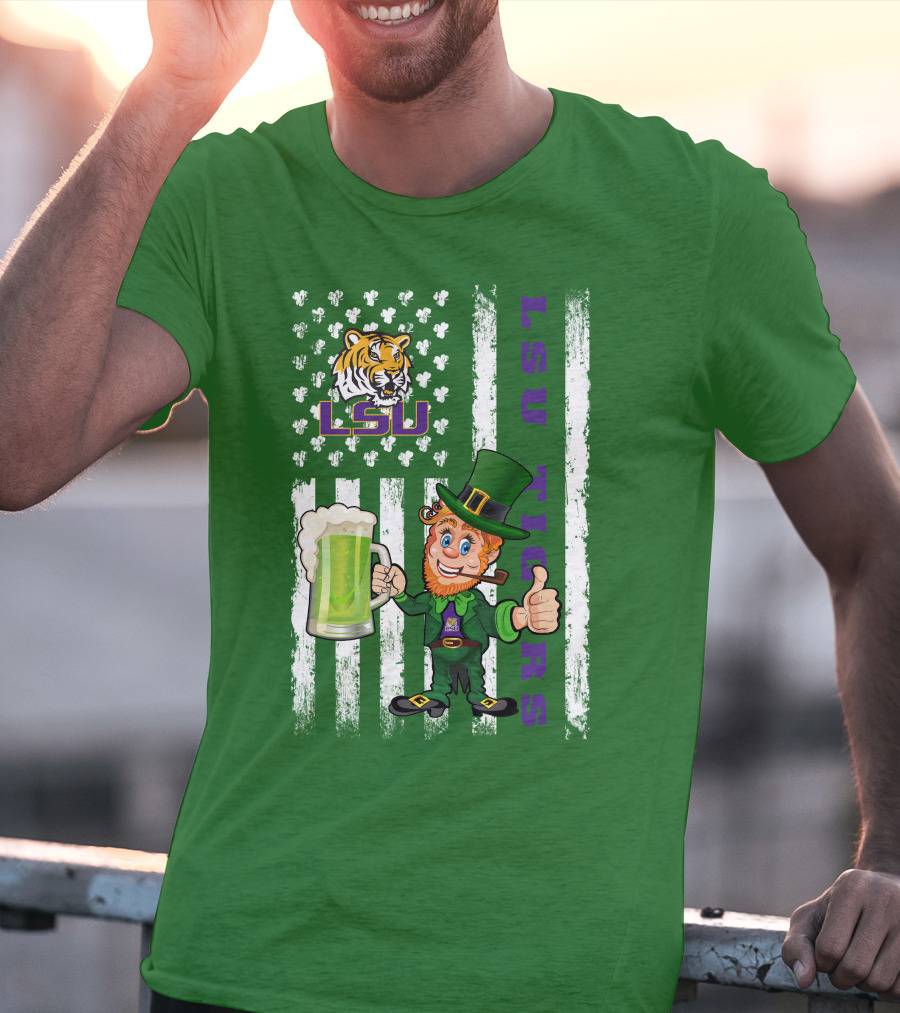 LSU Tigers St Patrick's Day Leprechaun Irish Flag With Beer Mug T-Shirt
