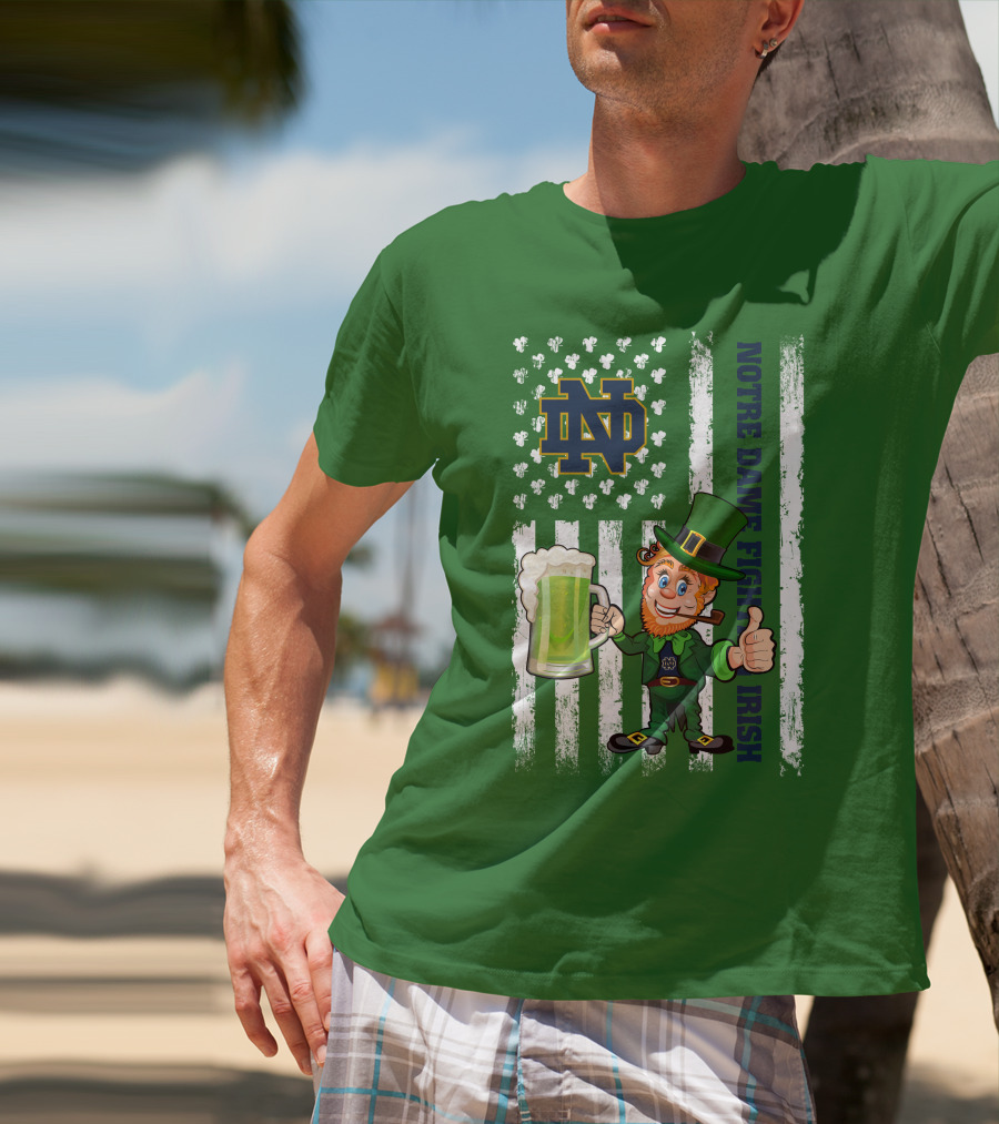 Notre Dame Fighting Irish Leprechaun With Beer And Shamrock Flag T-Shirt