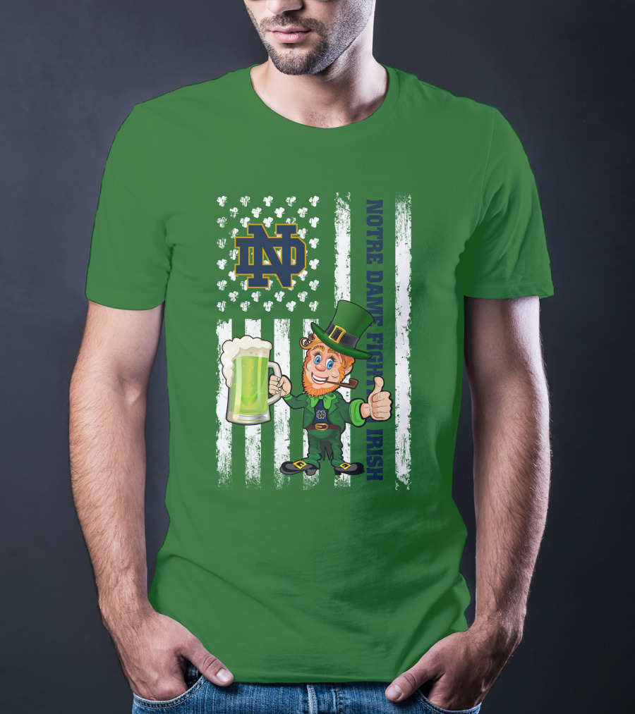Notre Dame Fighting Irish Leprechaun With Beer And Shamrock Flag T-Shirt