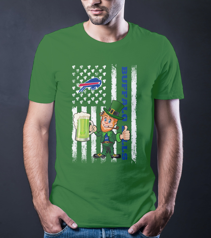 Buffalo Bills St Patrick's Day Leprechaun American Flag Shamrocks Beer T-Shirt