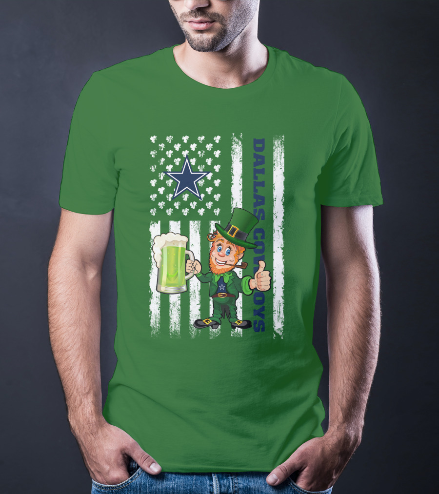 Dallas Cowboys St Patrick's Day Leprechaun Flag Beer Shamrocks Star T-Shirt