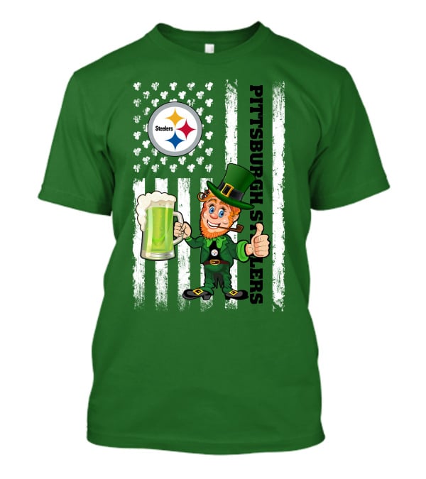 Pittsburgh Steelers Leprechaun St Patrick's Day Shamrock Beer Flag T-Shirt