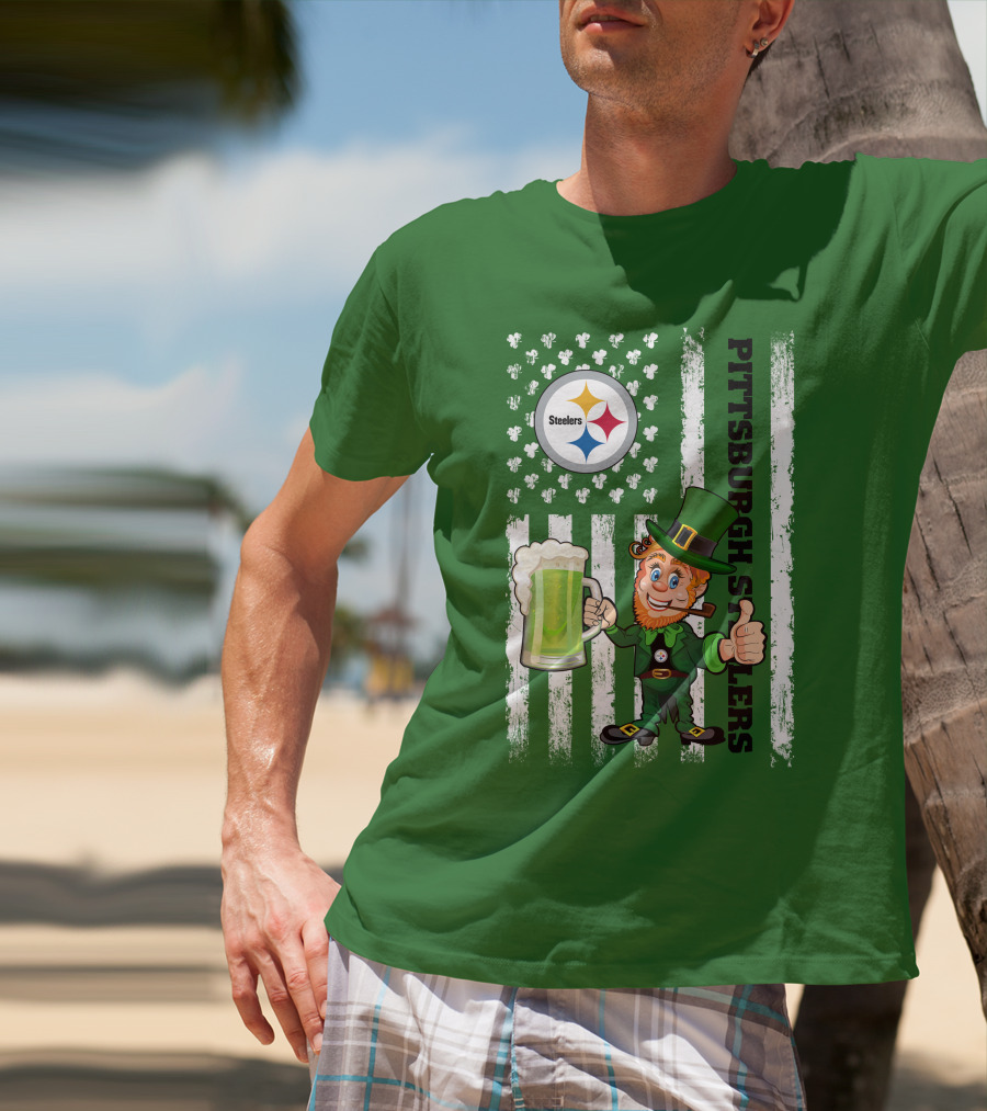 Pittsburgh Steelers Leprechaun St Patrick's Day Shamrock Beer Flag T-Shirt