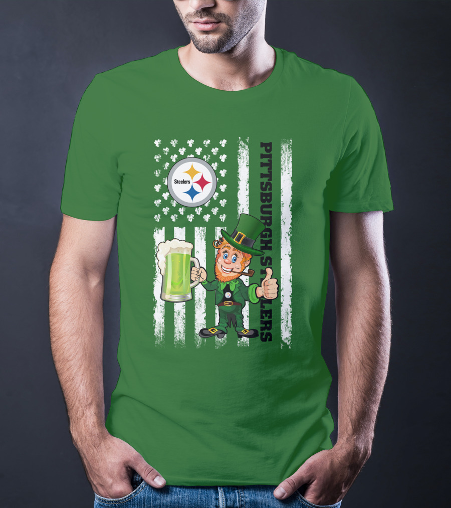 Pittsburgh Steelers Leprechaun St Patrick's Day Shamrock Beer Flag T-Shirt