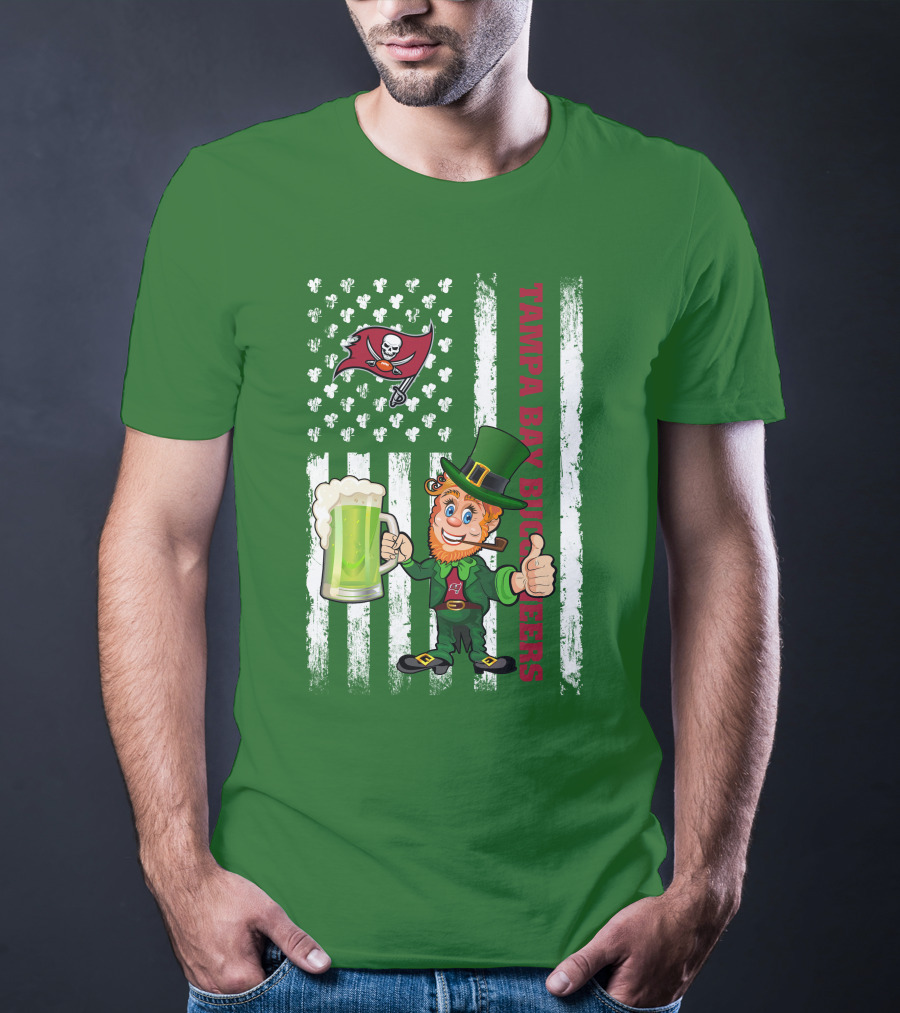 Tampa Bay Buccaneers St Patrick's Day Leprechaun Flag With Shamrocks And Green Beer T-Shirt