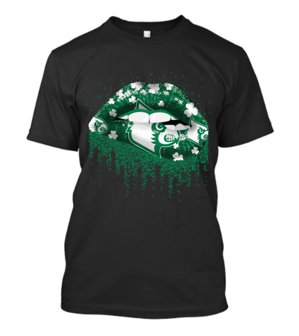 Shamrock Lips Featuring Green Wolf Head With Sparkling Clovers T-Shirt