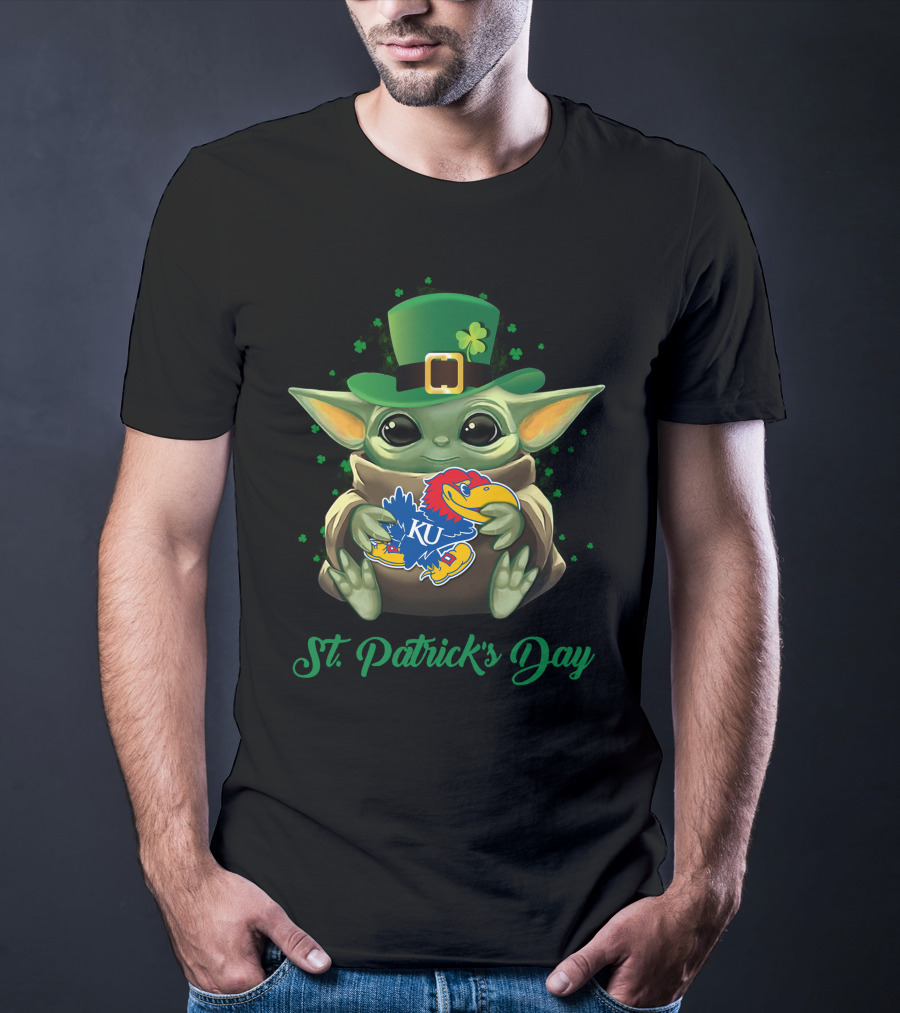 St. Patrick's Day Kansas Jayhawks Baby Yoda KU T-Shirt