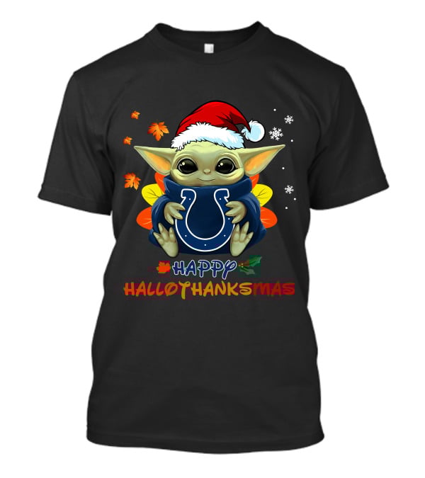 Happy Hallothanksmas Indianapolis Colts Baby Yoda Santa Hat T-Shirt