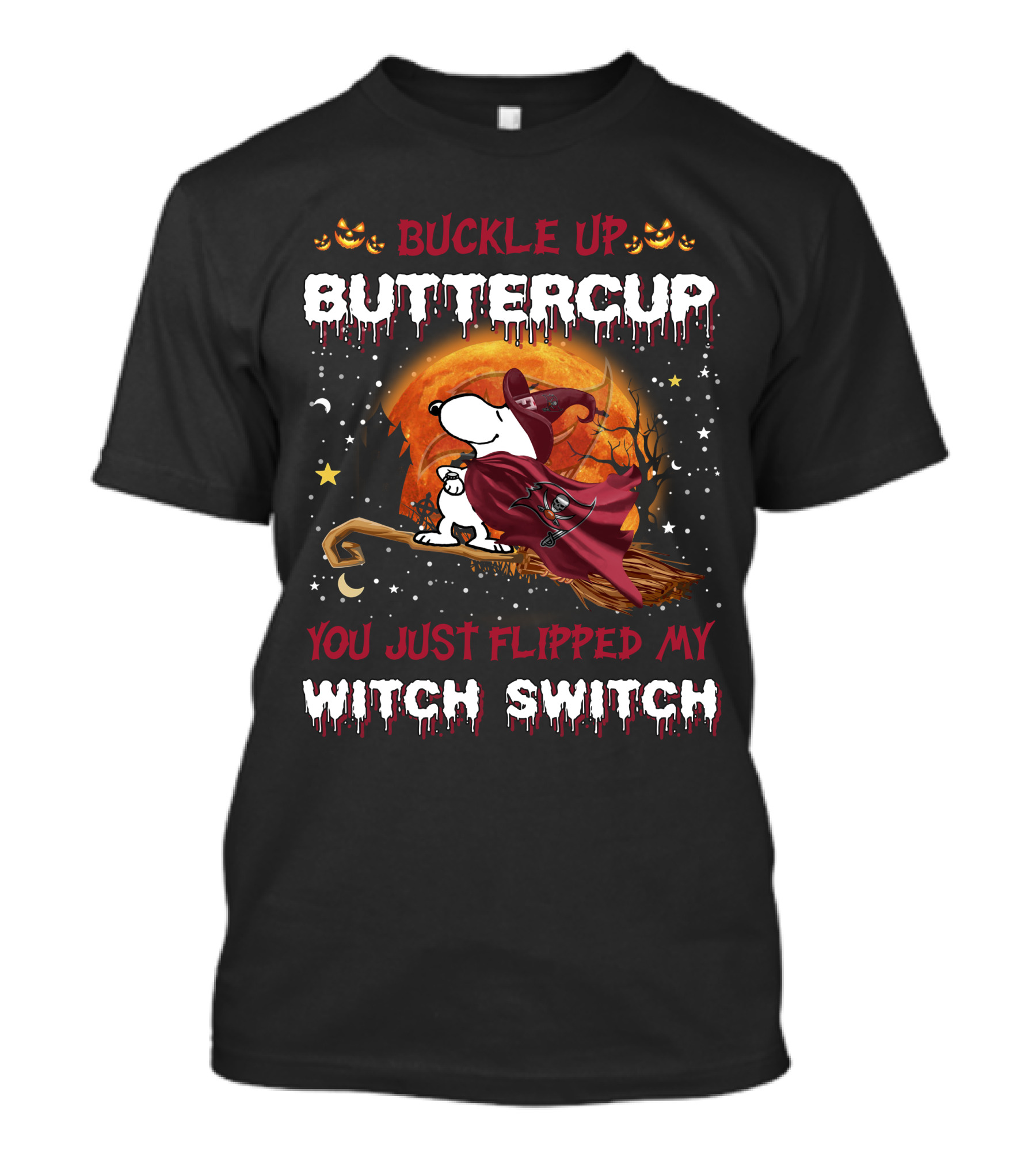 Buckle Up Buttercup You Just Flipped My Witch Switch Snoopy Broomstick Halloween Moon T-Shirt