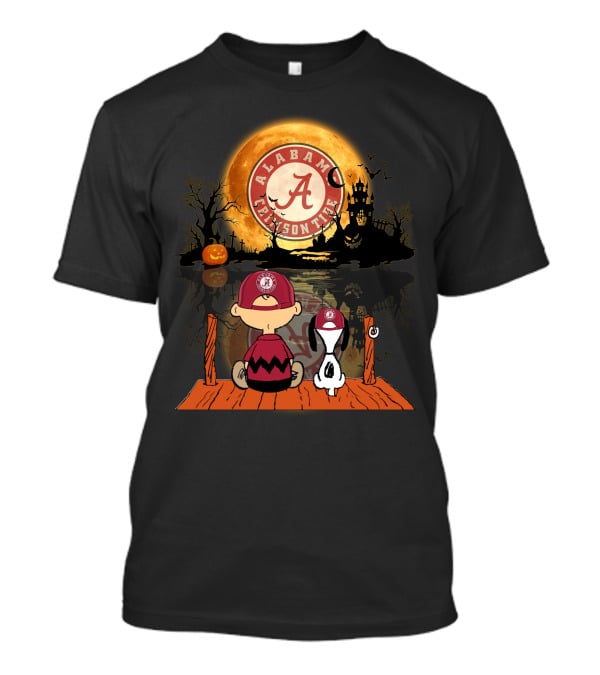 Alabama Crimson Tide Halloween Moonlit Scene With Cartoon Characters T-Shirt