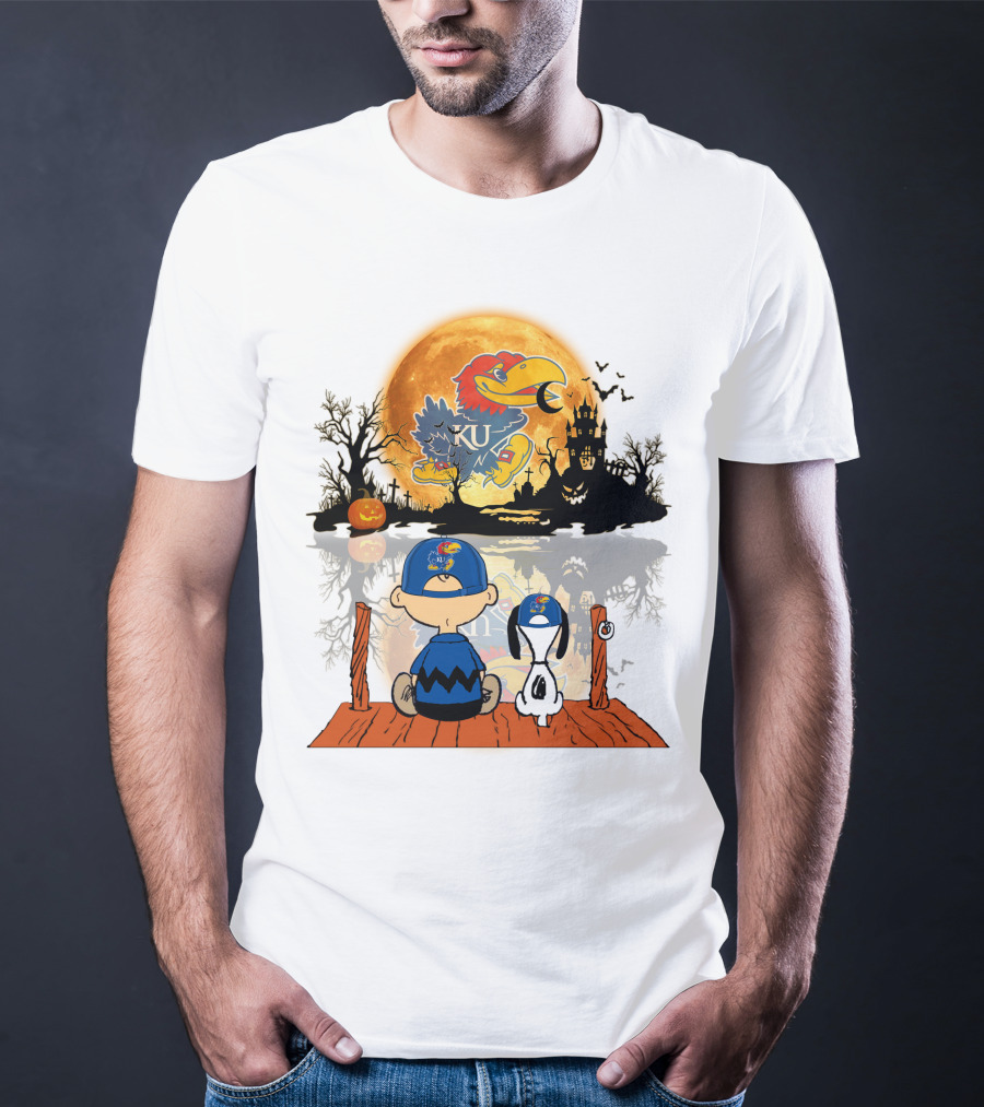 Kansas Jayhawks Halloween KU  Peanuts Moon Charlie Brown Snoopy Pumpkin T-Shirt