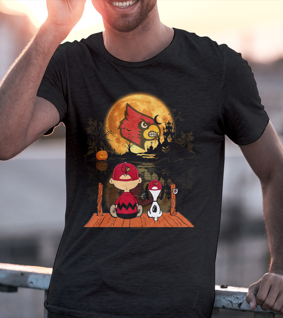 Louisville Cardinals Halloween Moon Scene With Characters And Haunted House T-Shirt